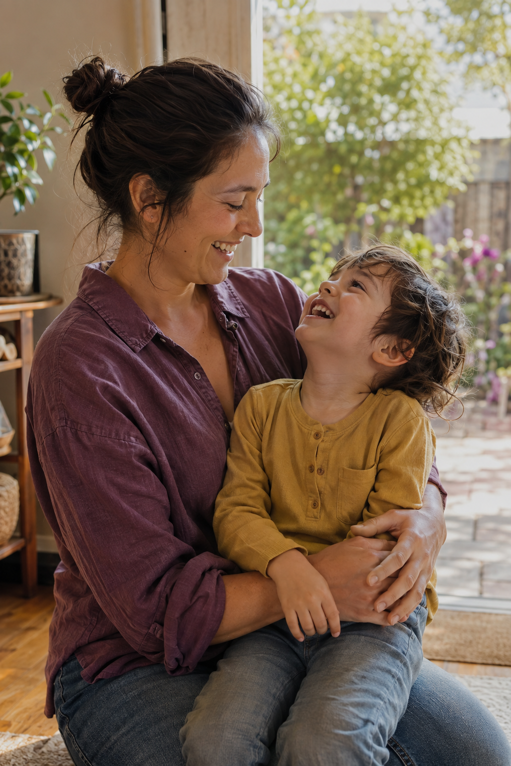 A joyful parent and child sharing a warm moment in morning light